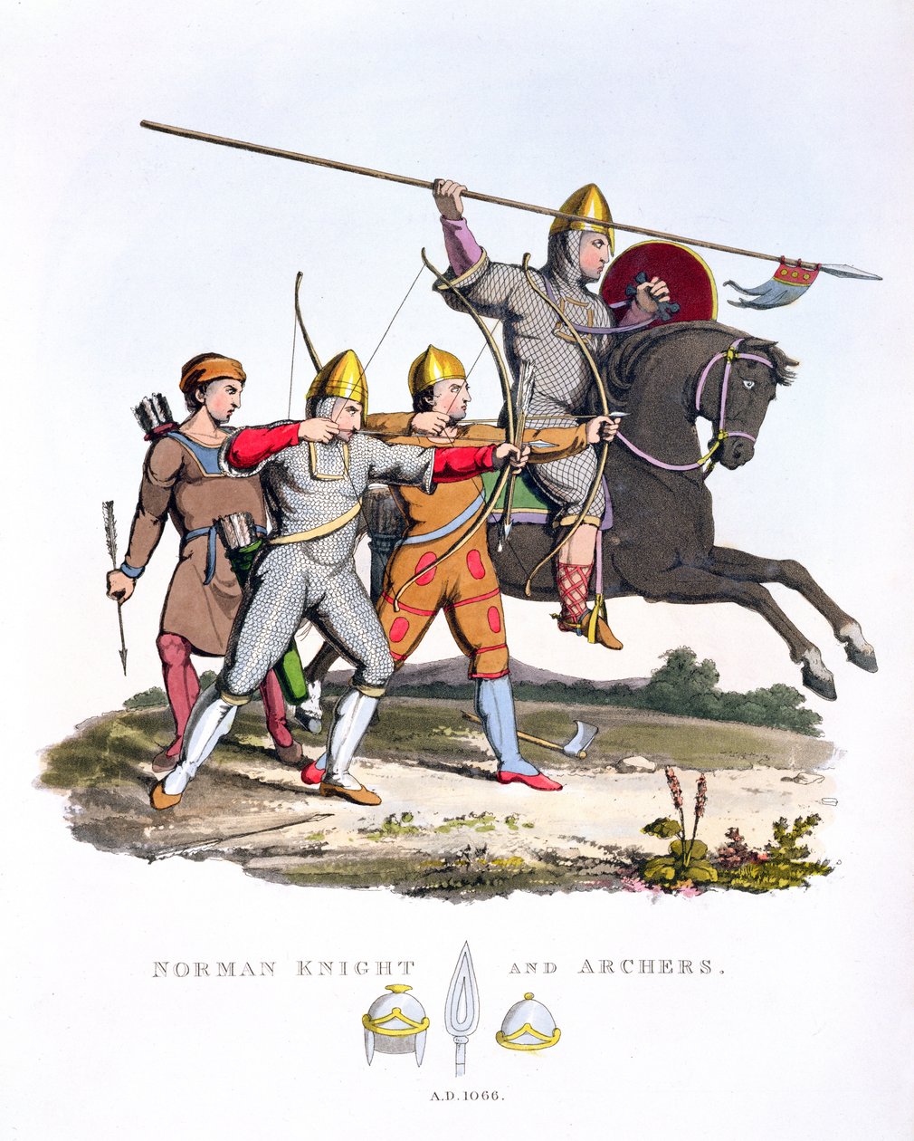 Norman Knight and Archers，1066，来自Ancient Armor，由Samuel Rush Meyrick，1824年创作 作者 英语学校