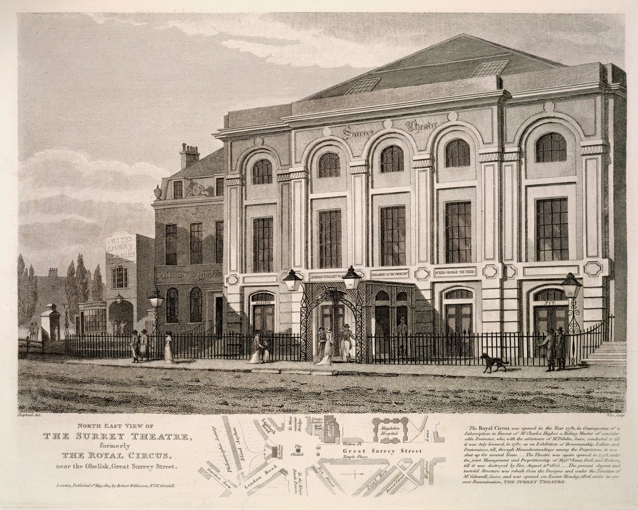 萨里剧院的东北视图，前身为方尖碑附近的皇家马戏团，Great Surrey Street，1814 作者 英语学校