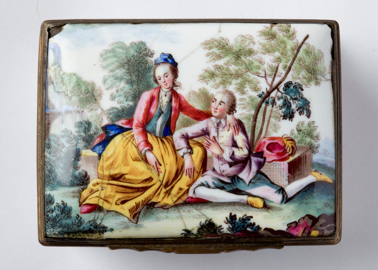 长方形盒子与爱人在盖子上的景观，并在形状的侧面（珐琅）上画花和昆虫 作者 英语学校