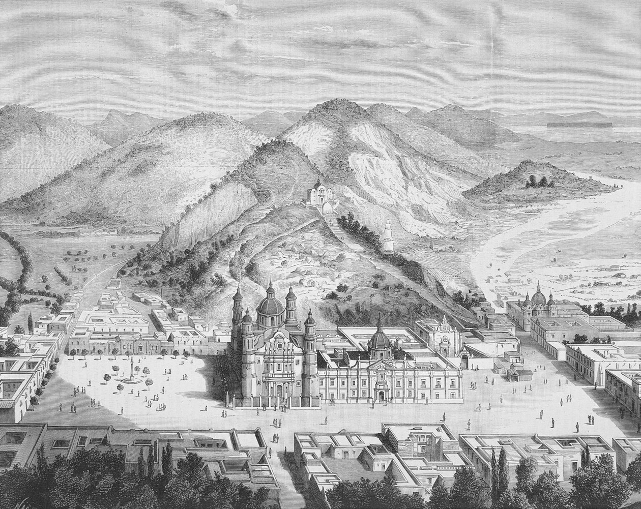 墨西哥城瓜达卢佩大教堂全景 1880 年代（雕刻） 作者 英语学校