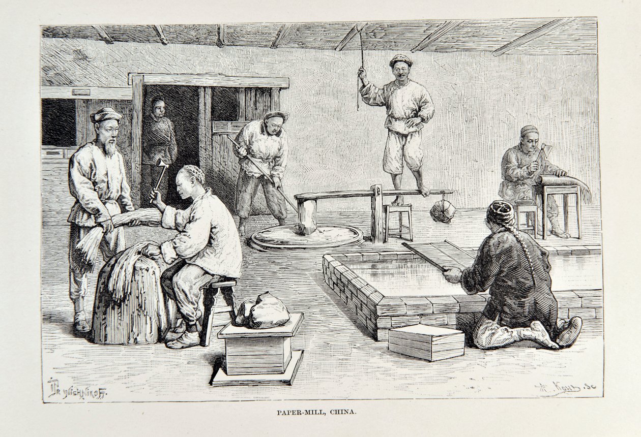 造纸厂，中国，插图来自世界地理，地球及其居民Elisee Reclus，1878年出版 作者 英语学校