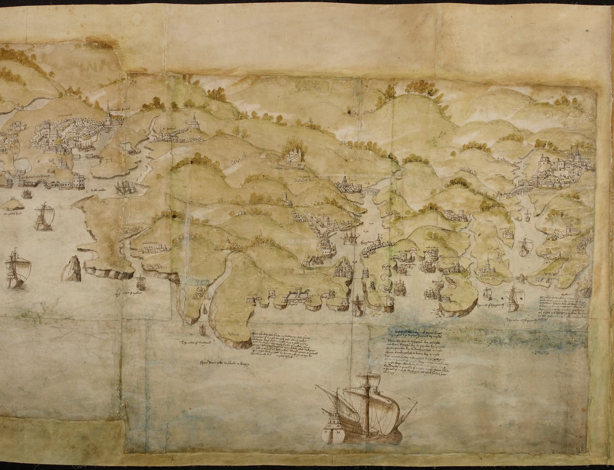 兰德恩德至埃克斯茅斯海岸全景地图的一部分，约 1539 年（纸上水墨钢笔画） 作者 英语学校