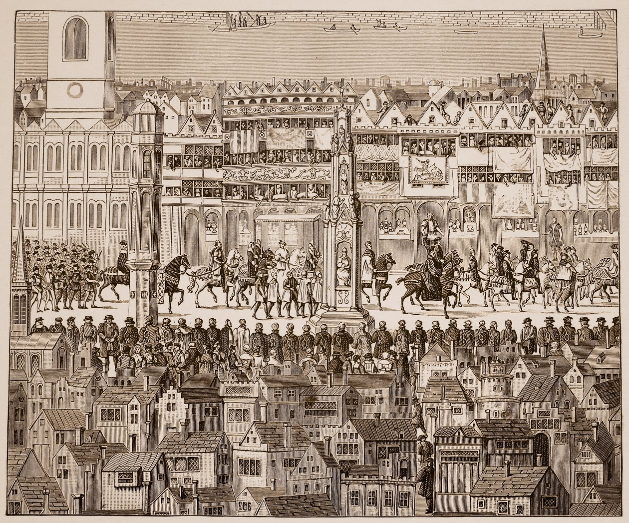 1647年爱德华六世加冕游行的一部分，经过16世纪的水彩画（棕褐色照片） 作者 英语学校