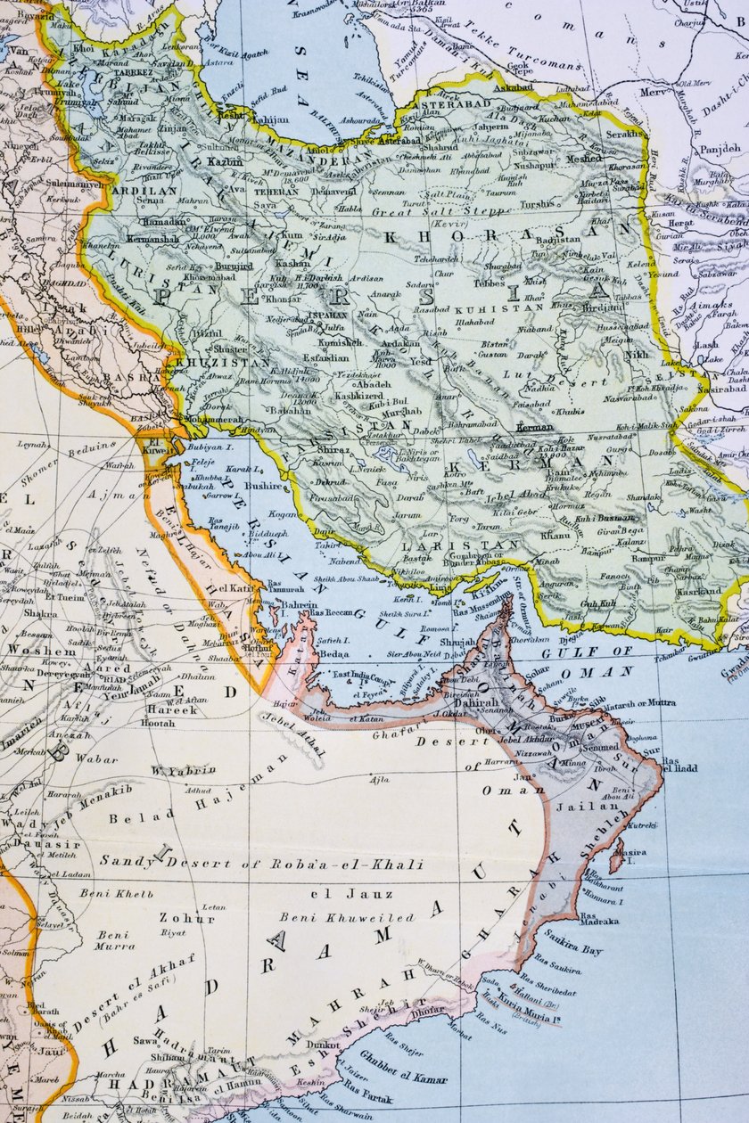 1890年代中东的部分地图，显示了18世纪90年代的红海，波斯湾和非洲之角，来自“世界公民的地图集”，于1899年在伦敦出版 作者 英语学校