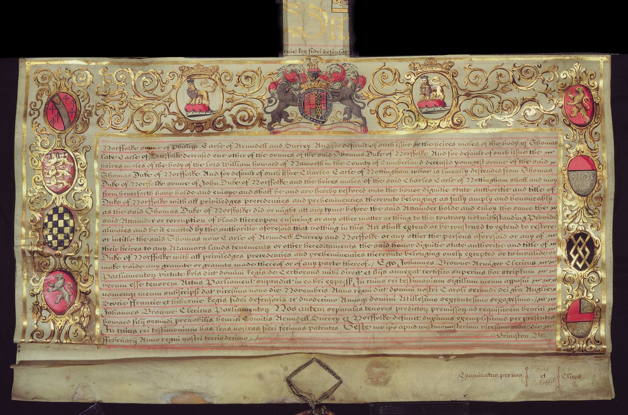 1660年查尔斯二世修复诺福克公国的专利（牛皮纸上的墨水和金箔） 作者 英语学校