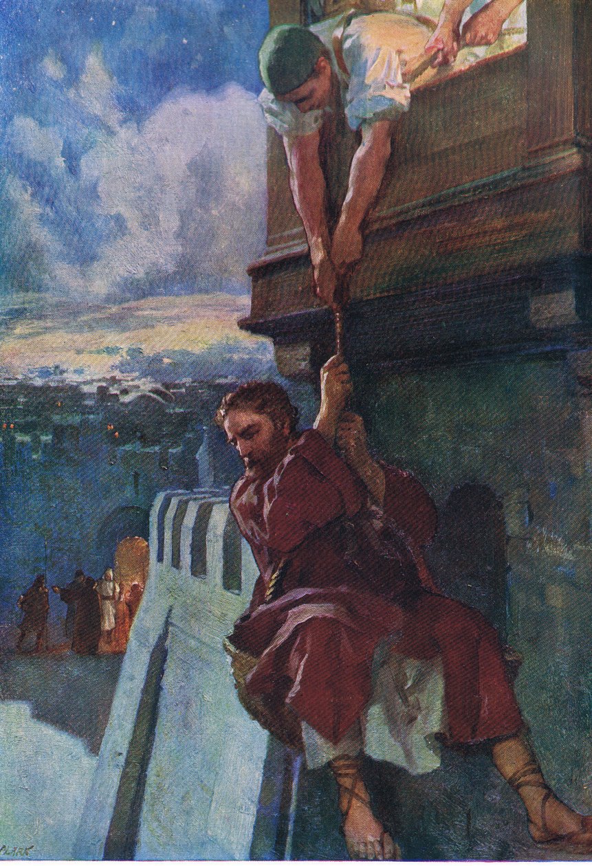 保罗逃离大马士革，选自《圣经图画书》，托马斯-尼尔森出版社出版，约 1950 年（彩色石版印刷）。 作者 英语学校