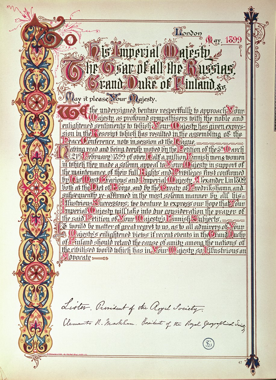 请求俄罗斯沙皇尼古拉二世抗议芬兰俄罗斯化，1899年（照明纸） 作者 英语学校