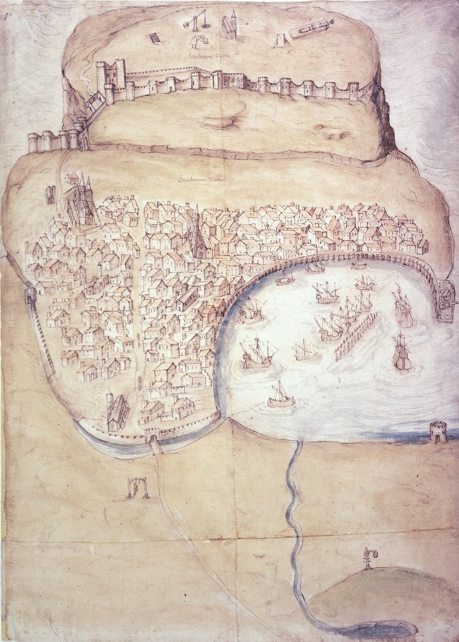 斯卡伯勒及其防御工事平面图，约 1540 年（彩色石版画） 作者 英语学校