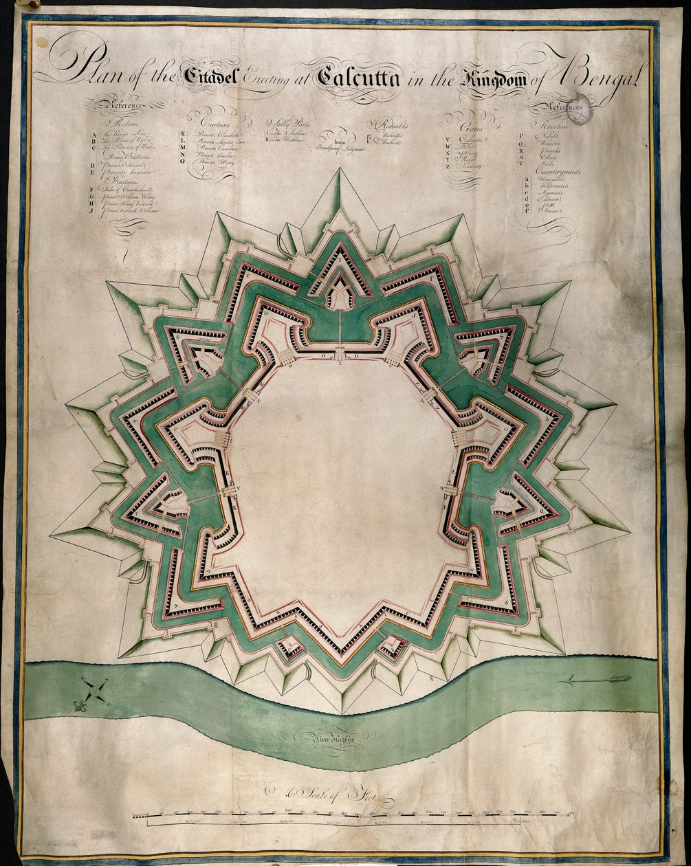 加尔各答城堡和威廉堡（东印度公司的防御仓库）平面图，约 1750 年（纸上钢笔、墨水和水彩画 作者 英语学校