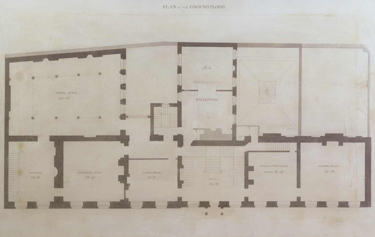 在皇家学院收购后，该房屋最初改建后，Albemarle街21号的底层计划，c.1800（铅笔和纸板上的wc） 作者 英语学校
