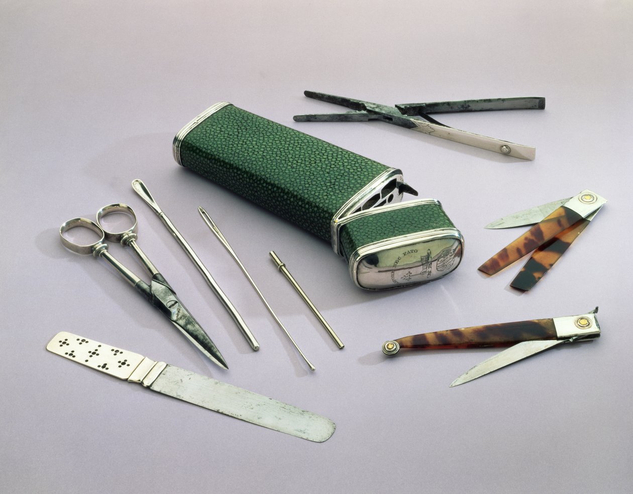 Pocket Etui，包含用于小手术的外科医生器械（shagreen，银，钢和龟壳） 作者 英语学校