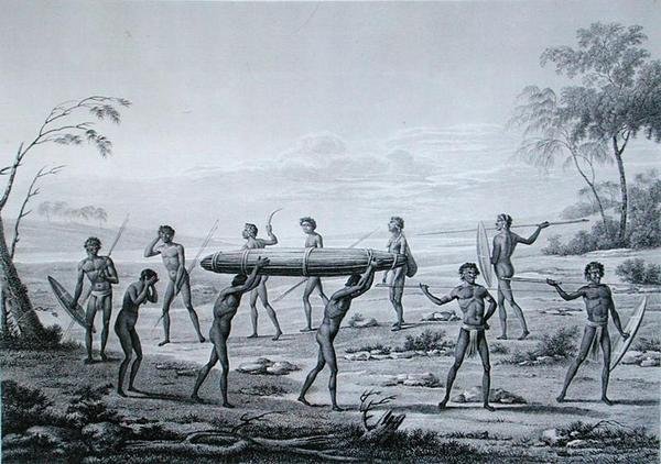杰克逊港，新荷兰。原住民的埋葬仪式，出自《1817-20年乌兰尼的世界之旅》，由Lerouge和Villerey雕刻，1825年出版（雕刻版）。 作者 英语学校