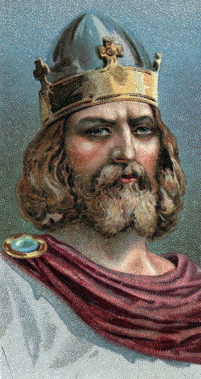 阿尔弗雷德大帝（Alfred the Great，849-899）肖像，威塞克斯国王，公元800年--来自 "人类领袖 "系列--彩色石版画--英国学校，20世纪--。 作者 英语学校