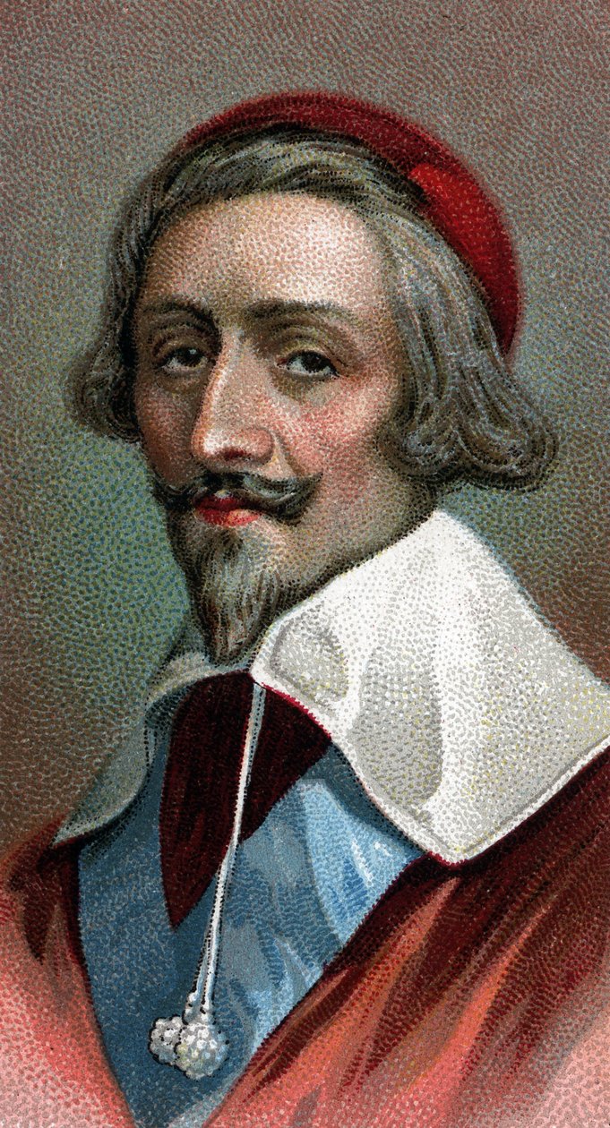 红衣主教黎塞留 (Armand Jean du Plessis, Cardinal de Richelieu) (1585-1642)，法国神职人员、贵族和政治家的肖像 - 来自“人类领袖”系列 - 色谱法 - 英语学校，20 世纪 - 作者 英语学校