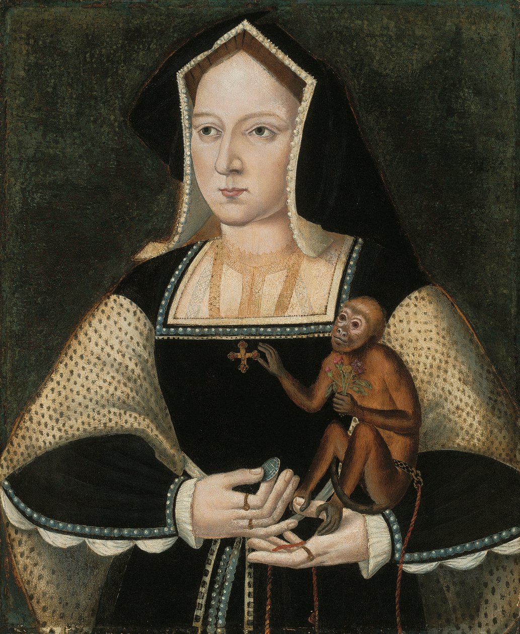 英国女王凯瑟琳-阿拉贡（1485-1536 年）半身肖像，身着黑白相间的连衣裙，佩戴十字架吊坠，手持一只狨猴和一枚硬币（油画镶板） 作者 英语学校
