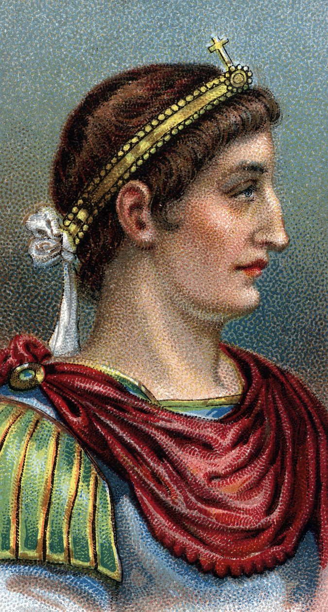 君士坦丁大帝（Constantine I the Great，270-337）的肖像 - 来自 "人类领袖 "系列 - 色版印刷 - 英国学校，20世纪 - 作者 英语学校