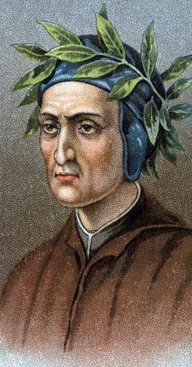DANTE ALIGHIERI (1265-1321)意大利诗人的肖像 - 来自 "人的领袖 "系列 - 铬版印刷 - 英国学校，20世纪 - 。 作者 英语学校