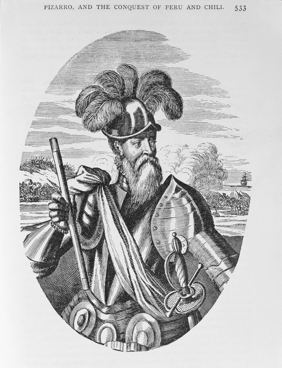 1886年伦敦Justin Winsor编辑的“美国叙事与批评史”的Francisco Pizarro（c.1475-1541）肖像 作者 英语学校