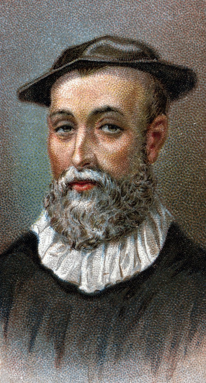 约翰-诺克斯（1514-1572）的肖像。苏格兰牧师，苏格兰新教改革的领袖 - 来自 "人物领袖 "系列 - 色版印刷 - 英国学校，20世纪 - 作者 英语学校
