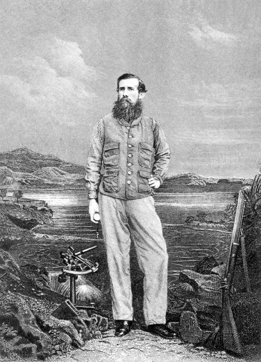 约翰斯皮克（1827-64）在维多利亚湖前的肖像，1863年出版的尼罗河源头发现杂志的正面 作者 英语学校