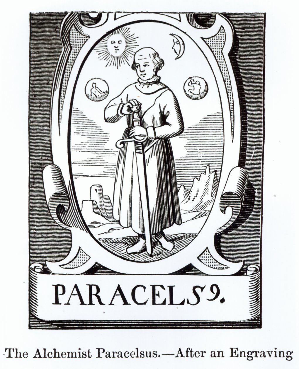 Paracelsus（Philippus Aureolus Theophrastus）（1493-1541）的肖像，中世纪和文艺复兴时期的科学和文学插图，由Paul Lacroix编写和雕刻，1878年（woodc 作者 英语学校