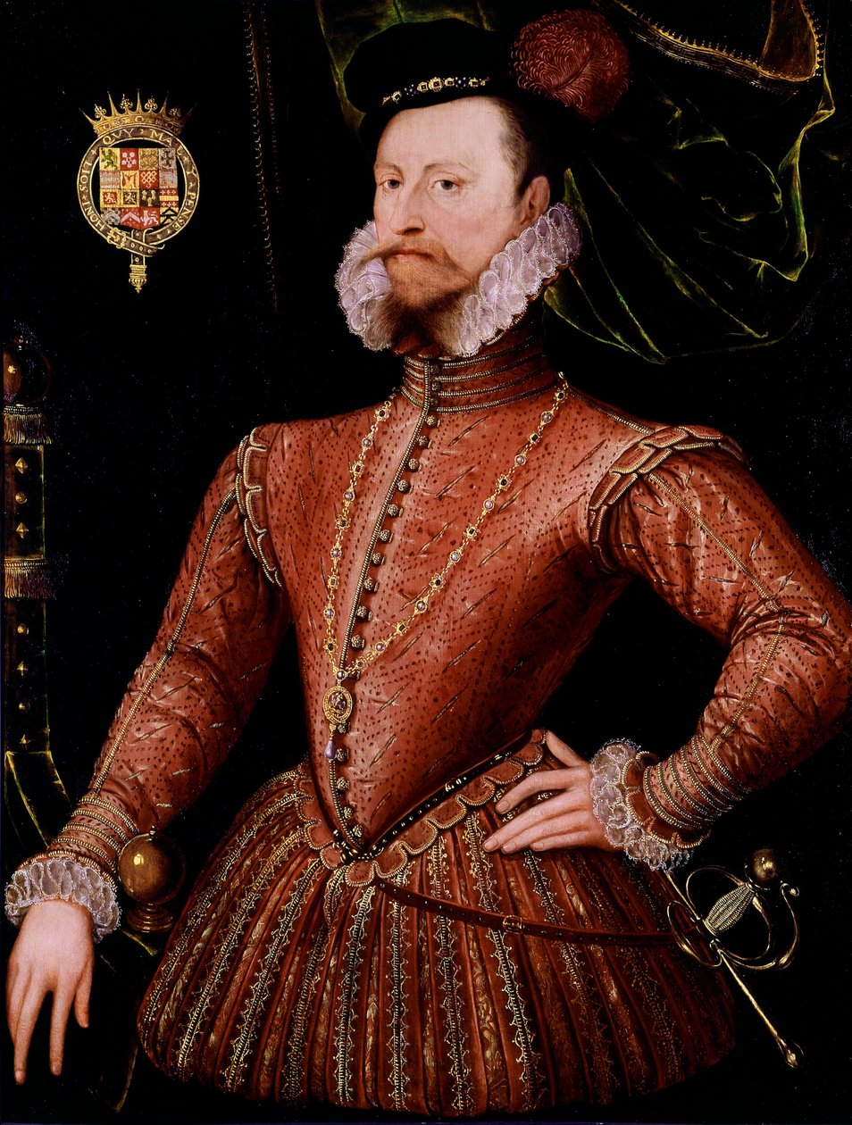 罗伯特·达德利 (Robert Dudley) 的肖像，莱斯特伯爵 (1532-1588) 伊丽莎白·伊尔 (Elisabeth Iere) 的最爱 英国画派的匿名画作。 16世纪。 太阳 1,08x0,82 m 伦敦，国家肖像画廊 作者 英语学校