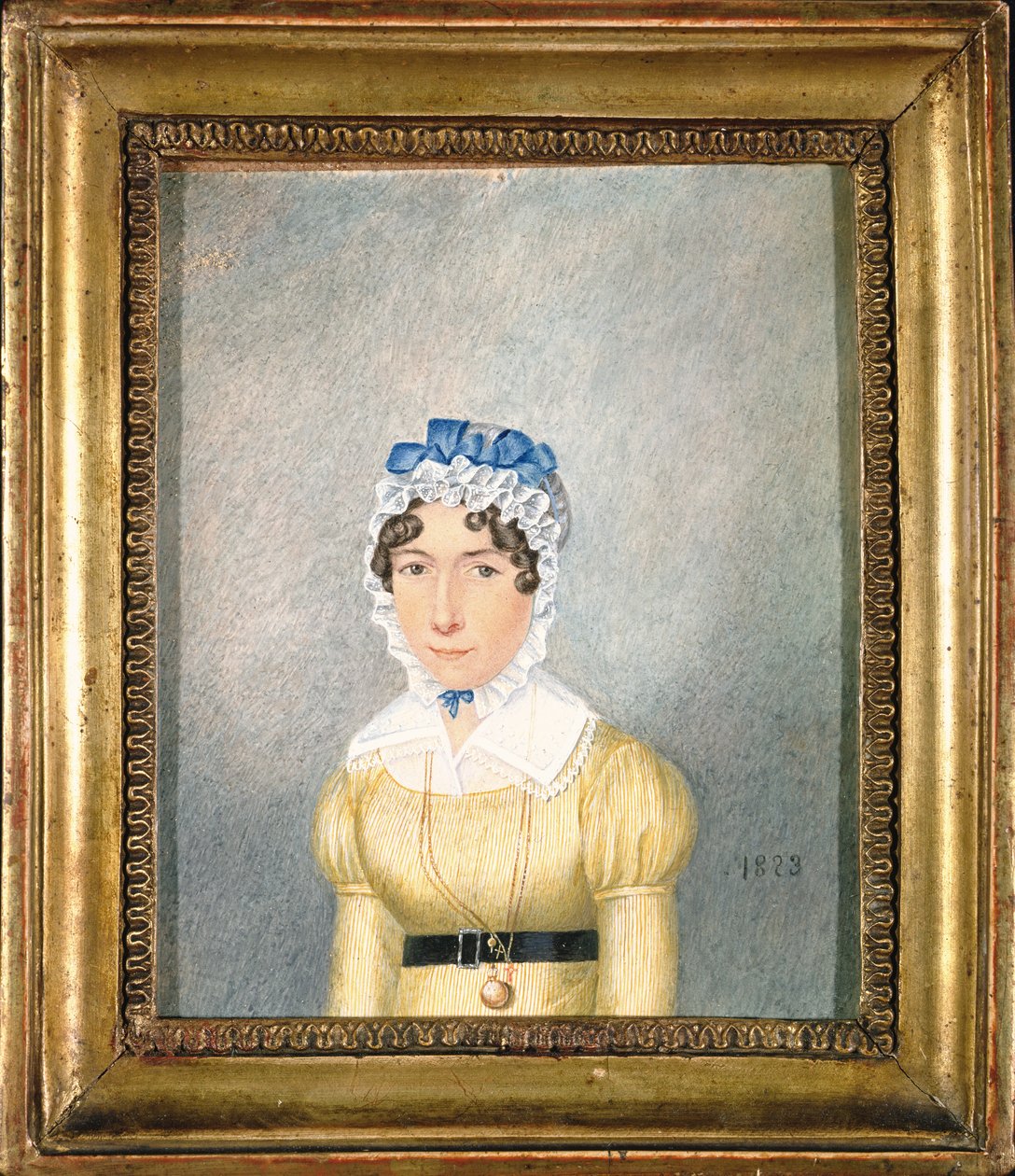 金色小盒子的女士肖像，1823年（水粉和纸上的卫生纸） 作者 英语学校