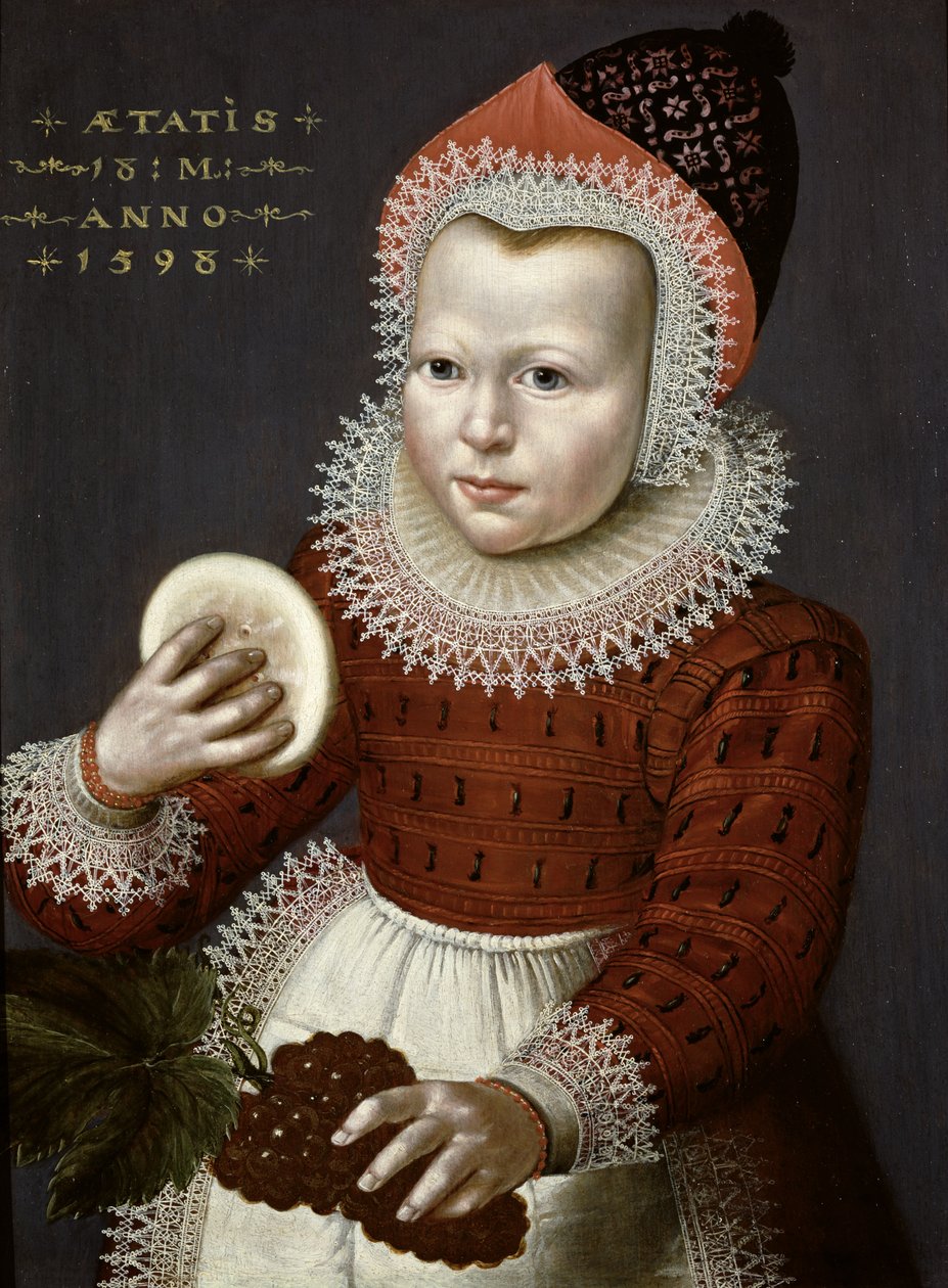 拿着面包和葡萄的一个女孩的画象，1598 作者 英语学校