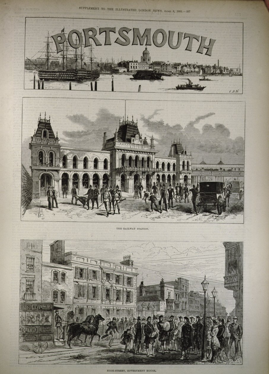 朴茨茅斯：火车站和高街，政府大楼，来自“伦敦新闻画报”，1882年4月8日 作者 英语学校