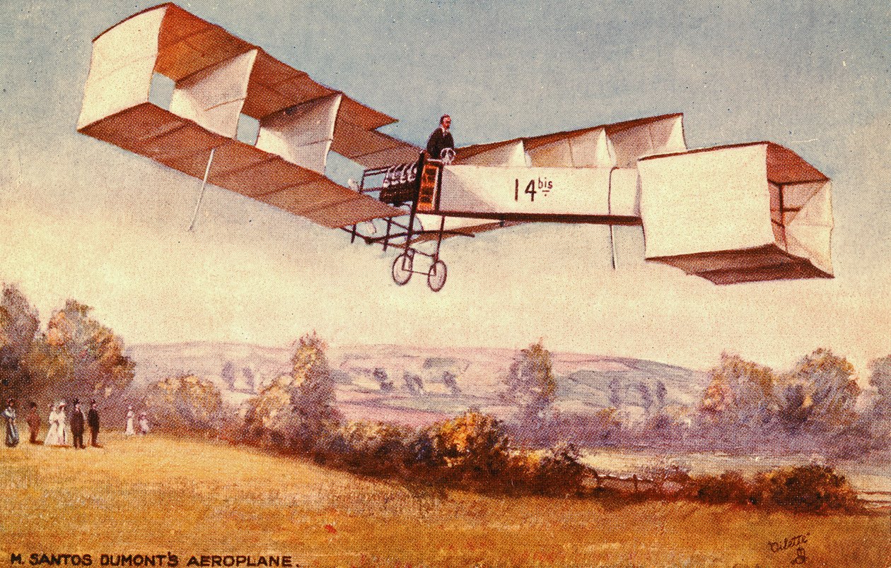 描绘Santos-Dumont 14-bis飞机的明信片，c。 1910 作者 英语学校