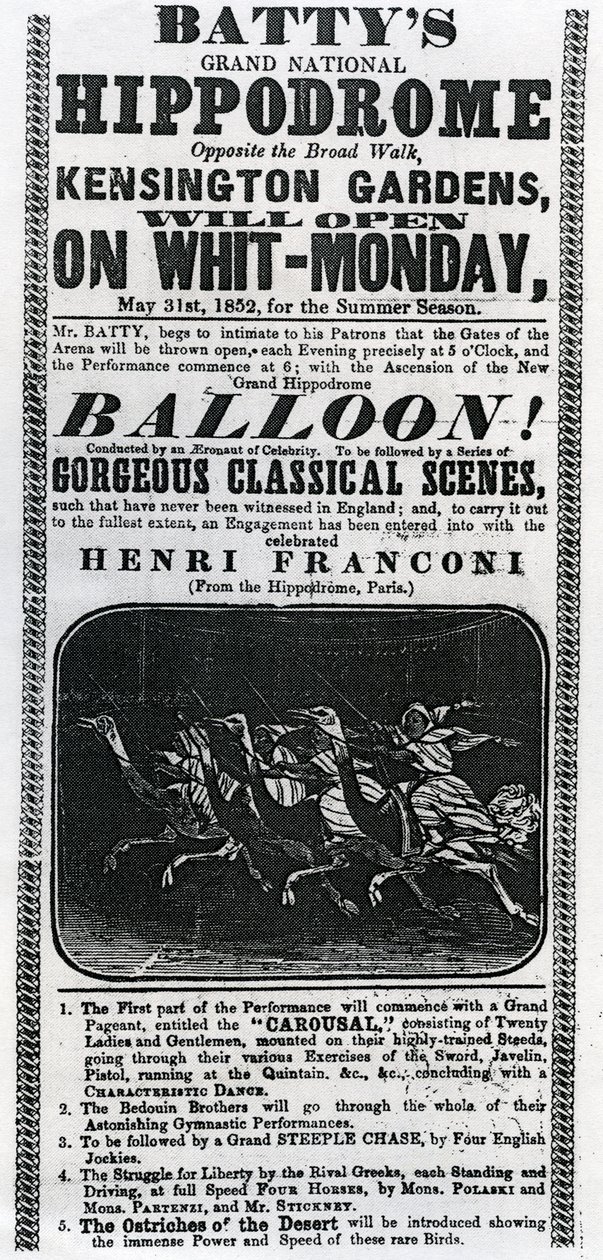 海报广告&39;Batty&39;s Grand National Hippodrome&39;，1852年（印刷纸） 作者 英语学校