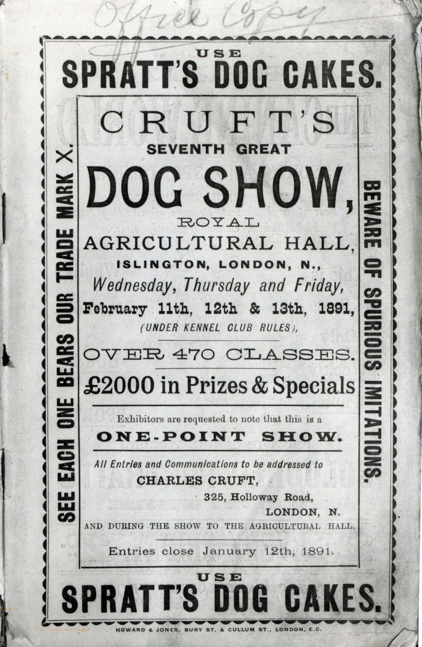 海报广告Cruft&39;s Dog Show于1891年在伦敦伊斯灵顿的皇家农业大厅举行 作者 英语学校