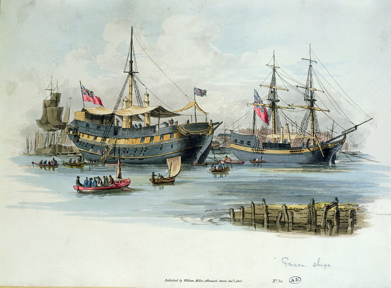 英国拿破仑战争期间用于容纳法国囚犯的监狱船，1805年（彩色雕刻） 作者 英语学校