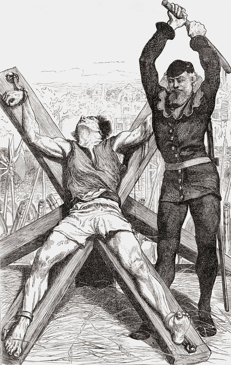 囚犯在圣安德鲁斯十字架上遭受酷刑，1865年（木版画） 作者 英语学校