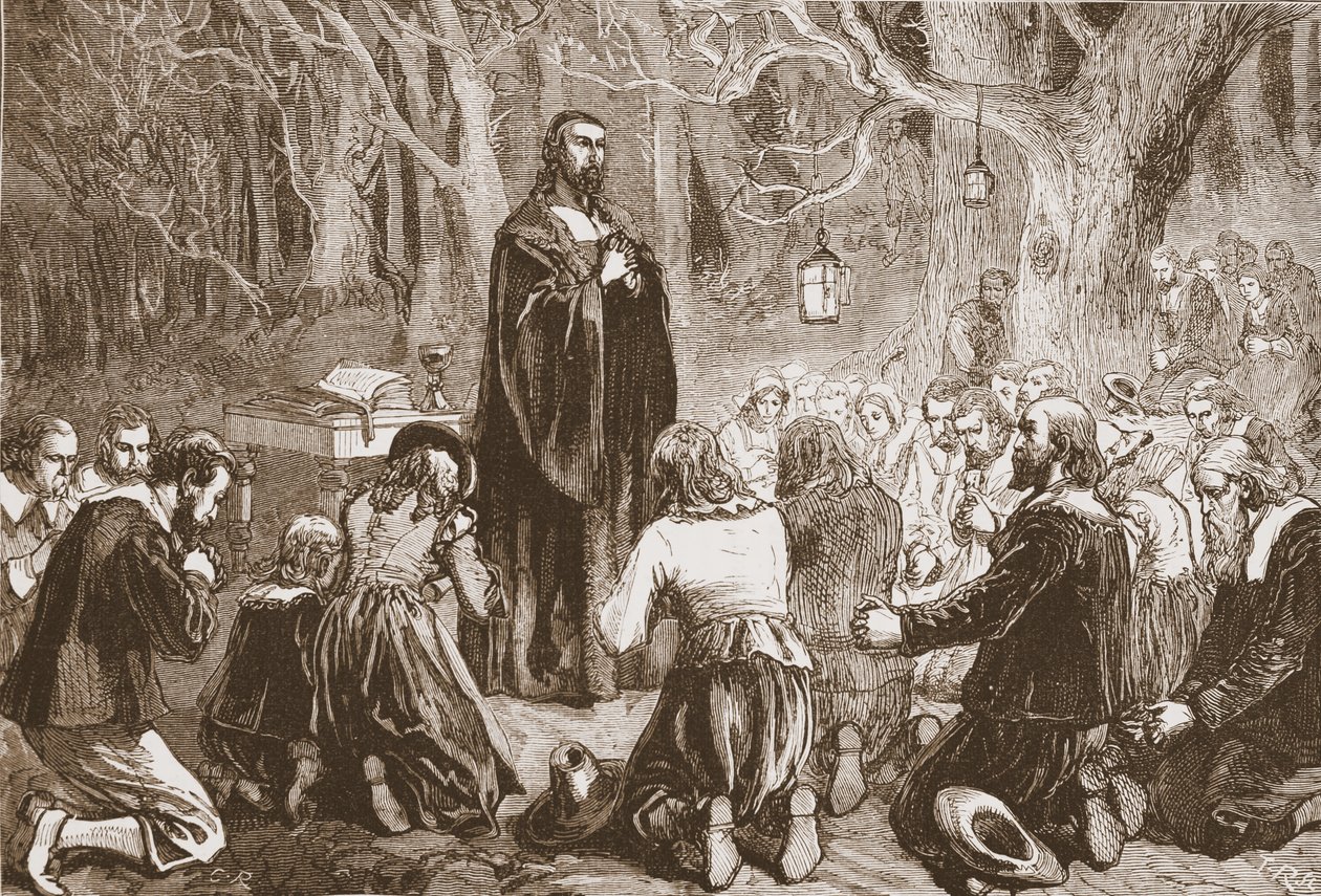 新教徒在沙漠教堂的夜间崇拜，插图来自James Aitken Wylie的新教历史（1808-1890），酒吧。 1878年 作者 英语学校