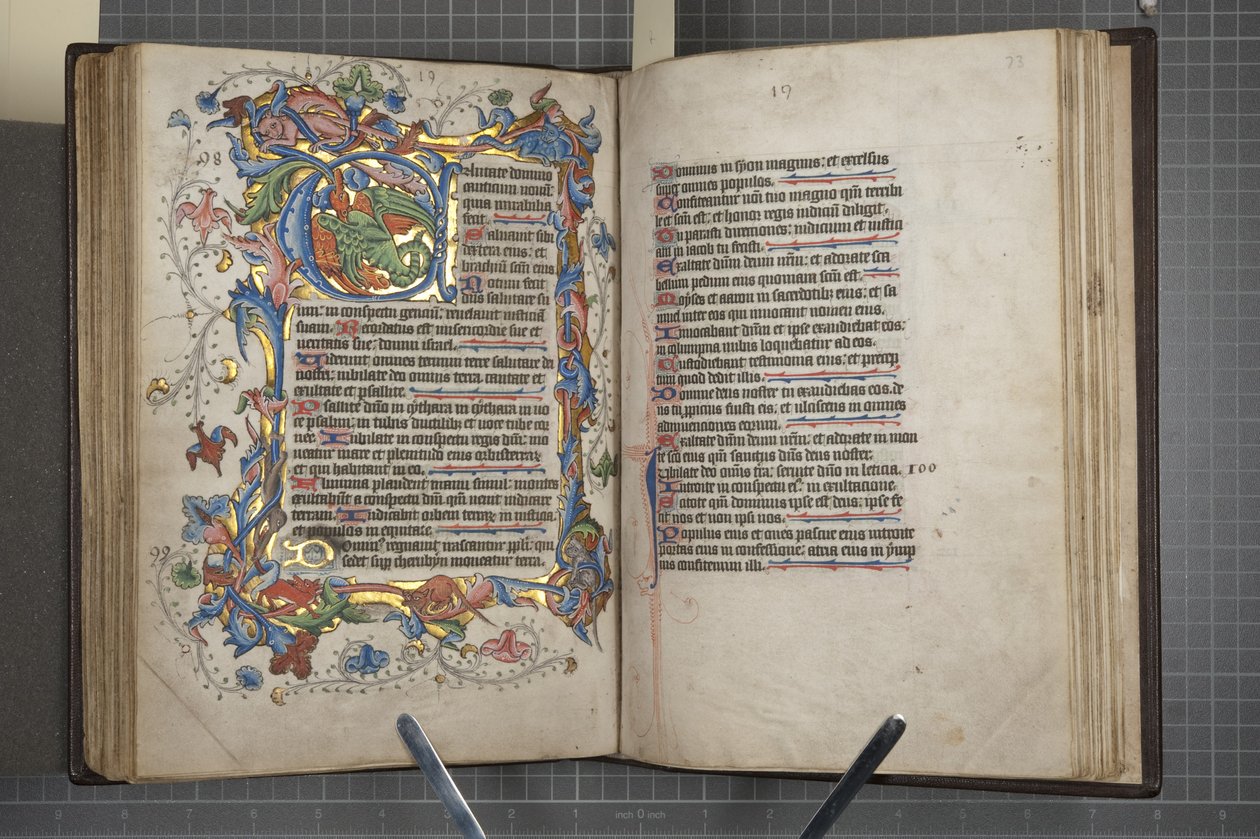 带有Sarum的诗篇使用日历，Fol 72 verso fol 73 recto，c.1425-75（牛皮纸上的墨水，颜料和金色） 作者 英语学校