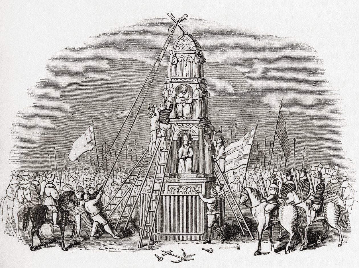 清教徒于 1643 年摧毁了英国伦敦的 Cheapside Cross（又名埃莉诺十字架），摘自《古老的英格兰》：图片博物馆》，1847 年出版。1847 作者 英语学校