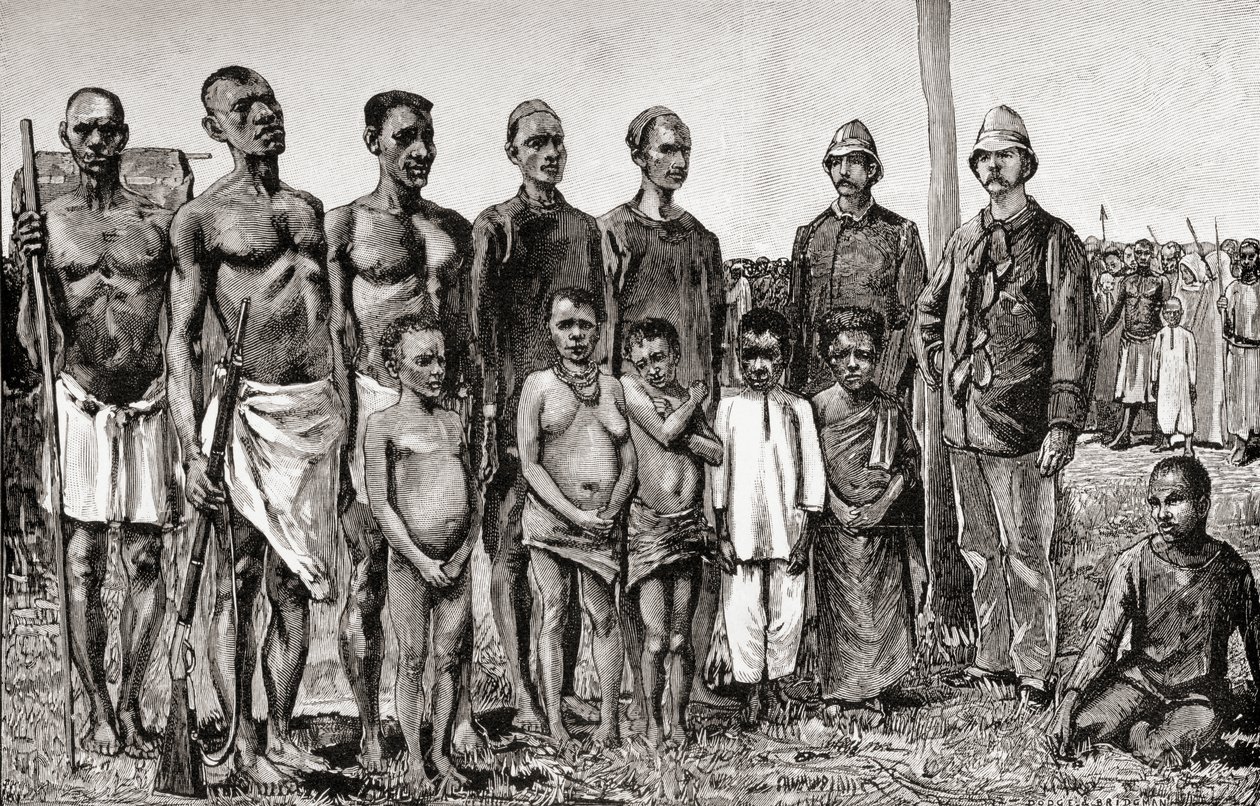 与1890年英国军官，苏丹人和桑给巴尔人相比，侏儒本地人（木版画） 作者 英语学校