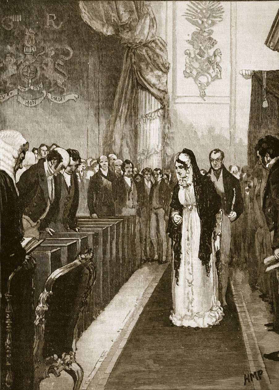 卡罗琳女王进入上议院，插图来自卡塞尔斯画报英国历史（棕褐色照片） 作者 英语学校