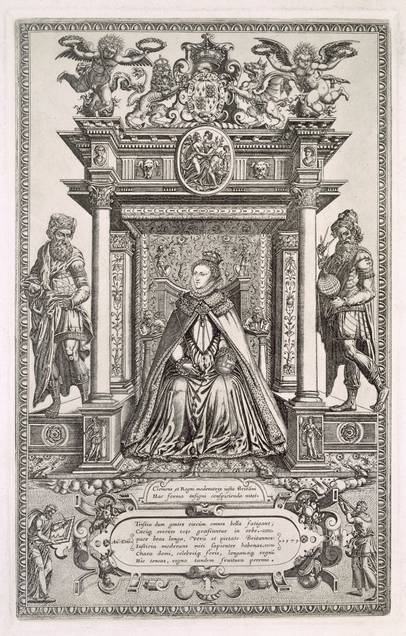 女王伊丽莎白一世（1533-1603）担任地理和天文学赞助人，1579年英国撒克逊地图书的正面 作者 英语学校