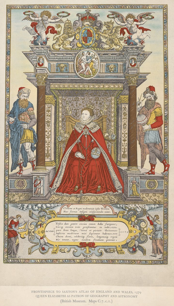 作为地理学和天文学赞助人的伊丽莎白女王。1579 年萨克斯顿的《英格兰威尔士地图集》（彩色石版印刷）的封面插图 作者 英语学校