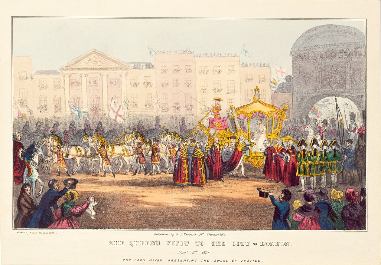维多利亚女王进入伦敦金融城的圣殿酒吧，由G. Tregear，1837年雕刻 作者 英语学校