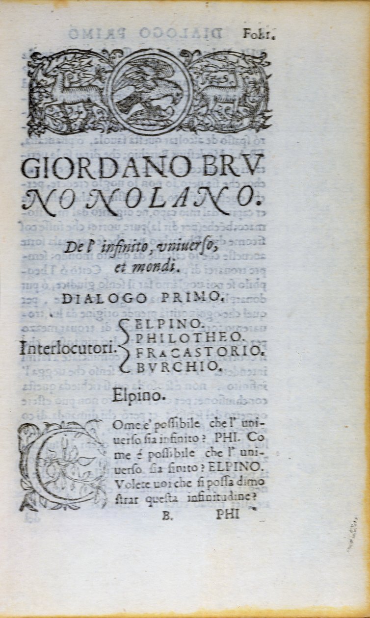 Res 28610 De lInfinito Universo et Mondi by Giordano Bruno的第一页，于1584年在伦敦出版（印刷纸） 作者 英语学校