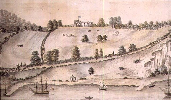 有航运和多佛尔马车的河流景观，约1800年（水笔）（对72976）。 作者 英语学校