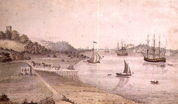 有航运和多佛尔马车的河流景观，约1800年（水笔）（对72977）。 作者 英语学校