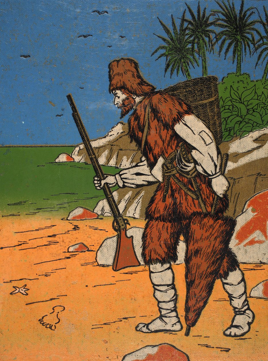 Robinson Crusoe，来自“鲁宾逊漂流记的故事”中的插图：一个改编自德波斯语言后的儿童，酒吧。由格里菲斯法兰布朗有限公司，伦敦 作者 英语学校
