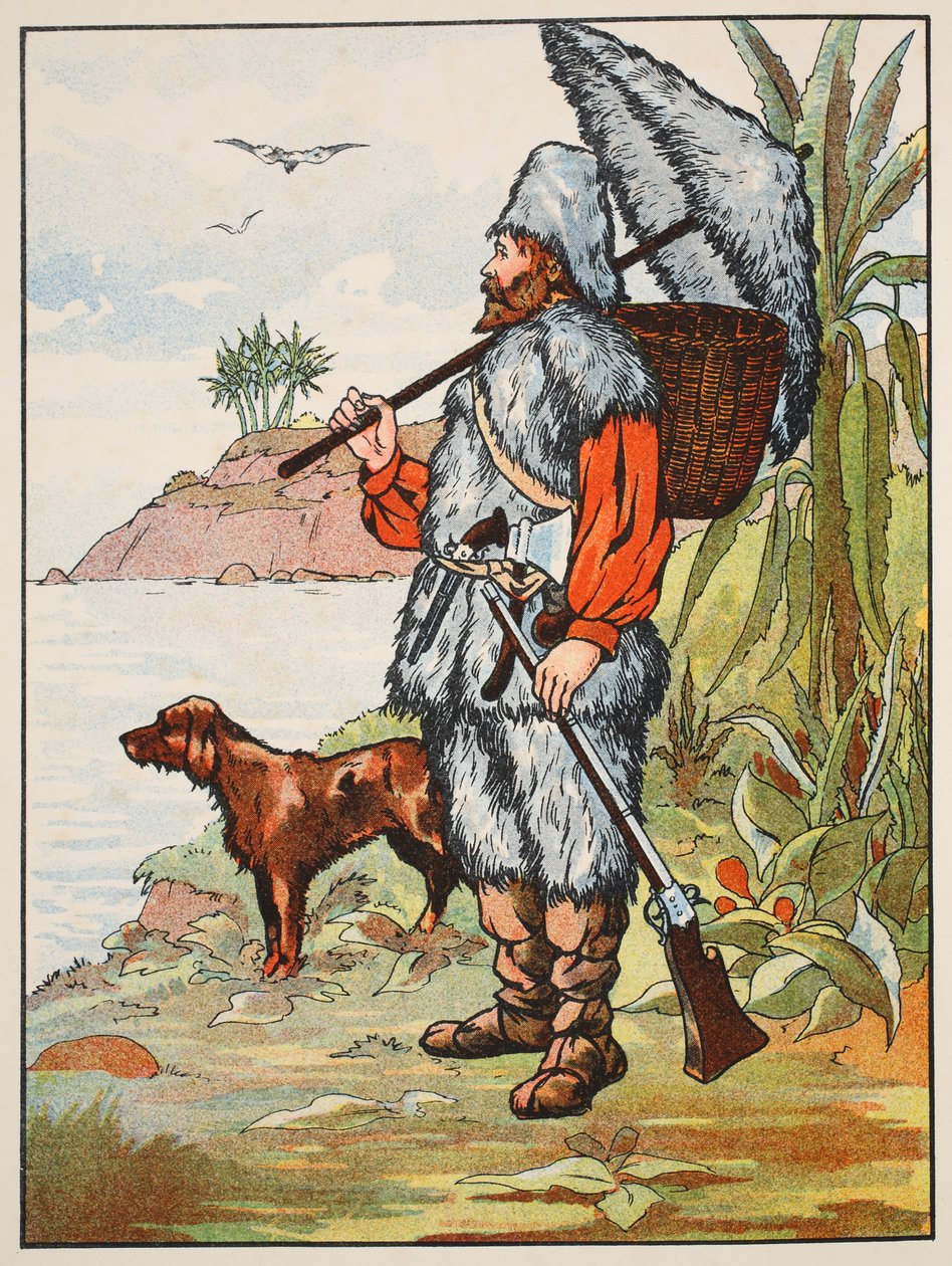 Robinson Crusoe，来自“鲁宾逊漂流记的故事”中的插图：一个改编自德波斯语言后的儿童，酒吧。由格里菲斯法兰布朗有限公司，伦敦 作者 英语学校