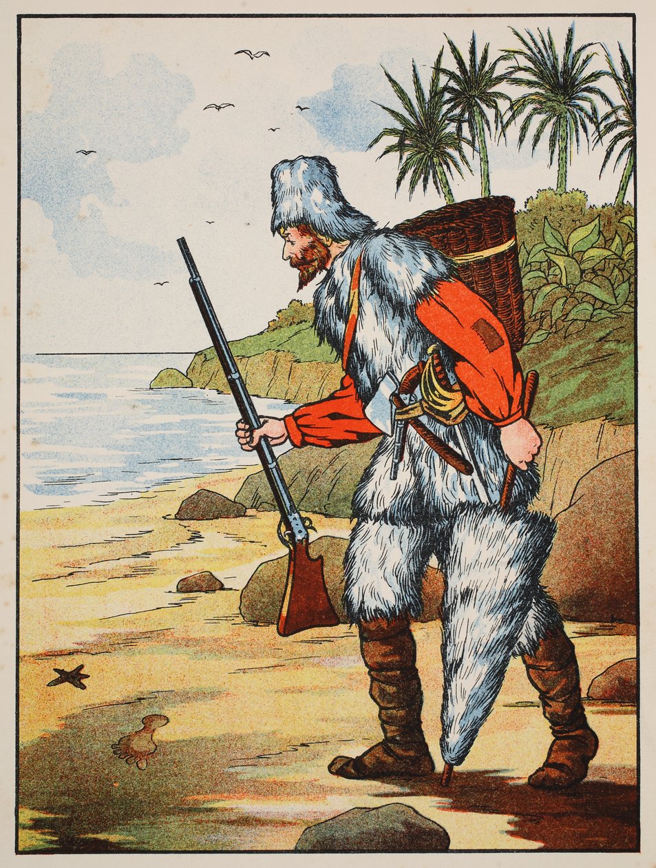 Robinson Crusoe，来自“鲁宾逊漂流记的故事”中的插图：一个改编自德波斯语言后的儿童，酒吧。由格里菲斯法兰布朗有限公司，伦敦 作者 英语学校