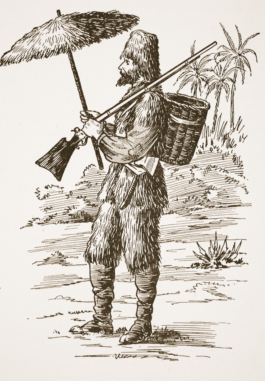 Robinson Crusoe，来自“鲁宾逊漂流记的故事”中的插图：一个改编自德波斯语言后的儿童，酒吧。由格里菲斯法兰布朗有限公司，伦敦 作者 英语学校