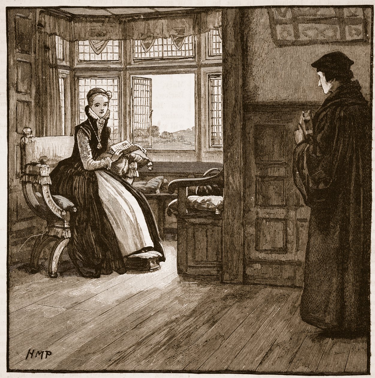Roger Aschams访问了Lady Grey，插图来自Cassells Illustrated History of England（sepia photo） 作者 英语学校